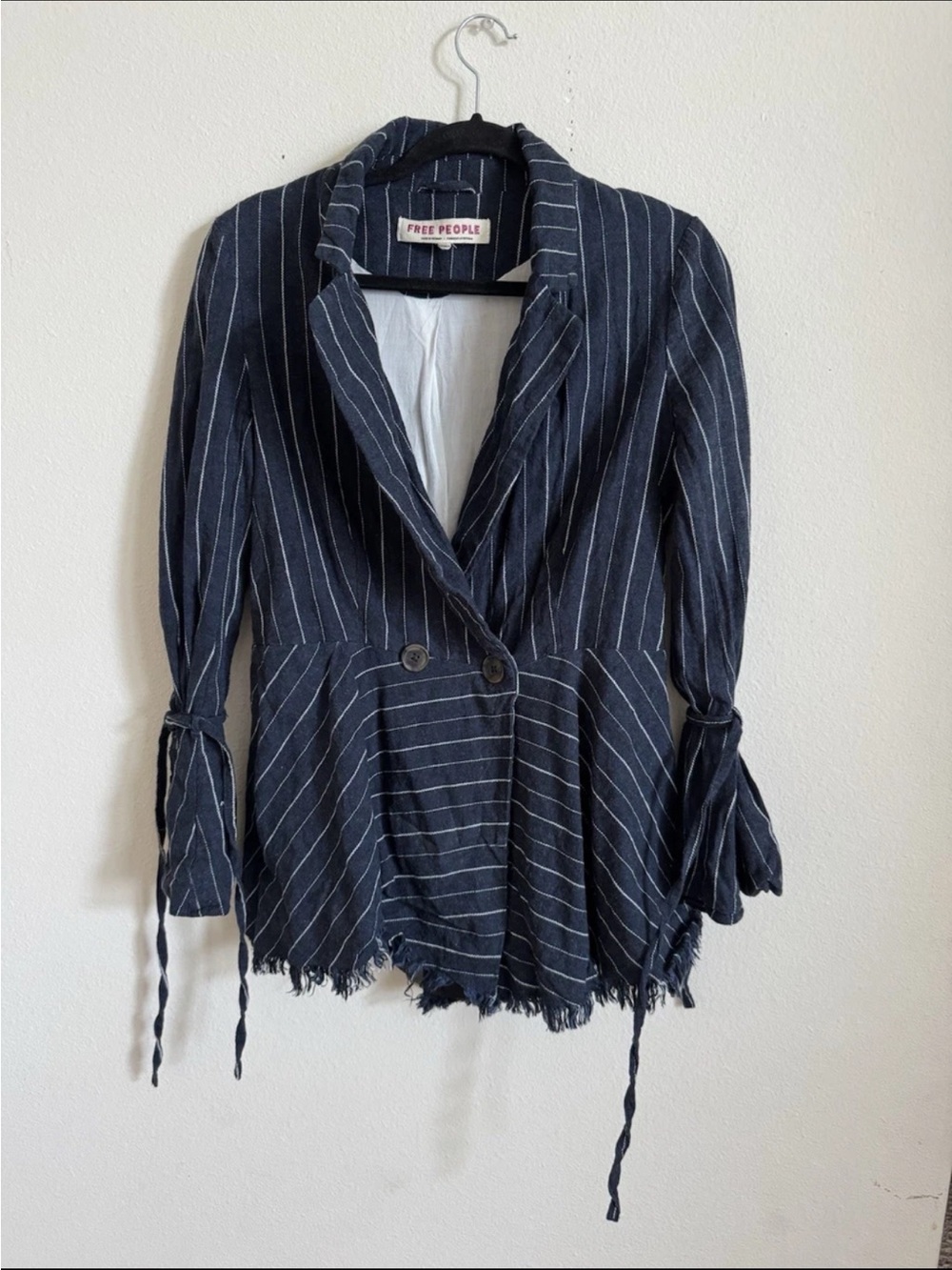 Free People Navy Linen Jacket Stella Blazer Double Breast Fray Hem Stripe XS